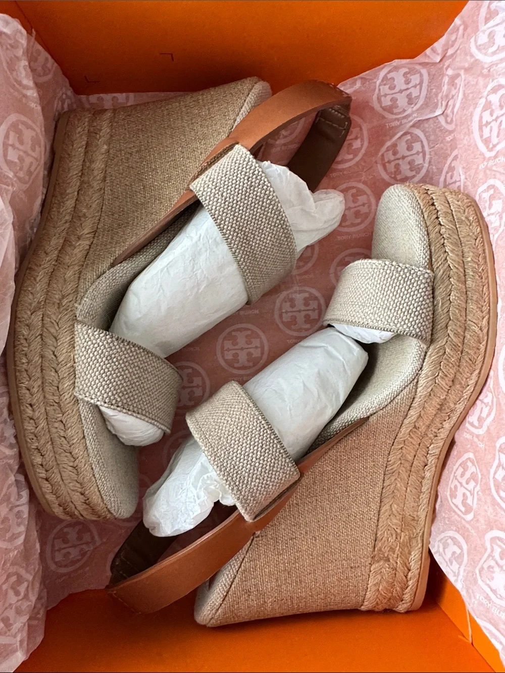 Tory Burch 120MM 2 Band Wedge Slingback Sandal - Gold/Natural/Tan, Size 8.5